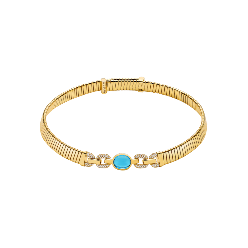 Bulgari | COLLANA BVLGARI TUBOGAS COLOR IN ORO GIALLO CON TOPAZIO BLU E DIAMANTI - CL860533 (1)