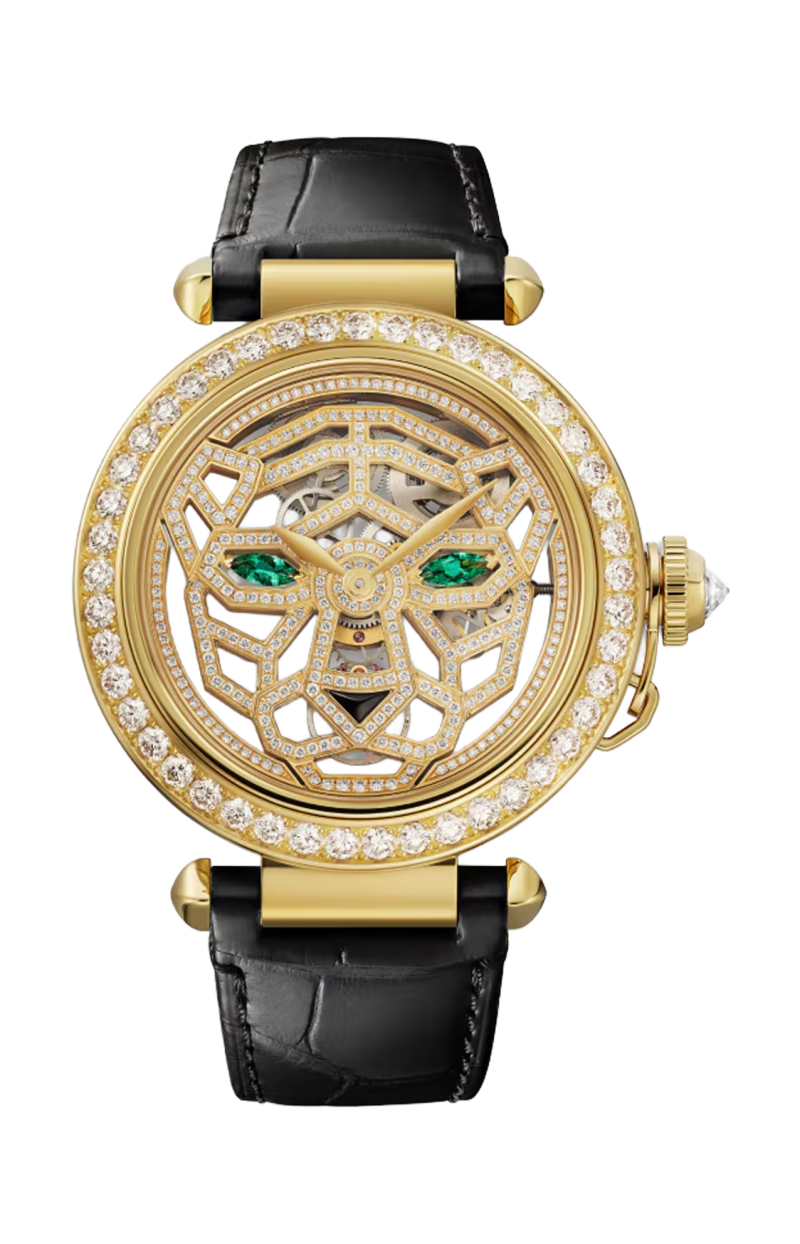 Cartier | OROLOGIO GIOIELLO PANTH&Egrave;RE, 41 MM, MANUALE, ORO GIALLO, DIAMANTI, SMERALDI, SCHELETRATO - HPI01359 (1)