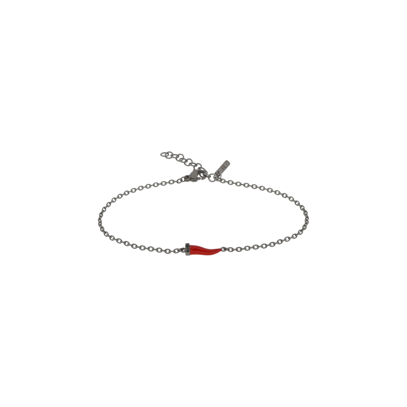 Mano | J . | BRACCIALE CHARMS UOMO LUCKY HORN CON CORNETTO MINI SMALTATO ROSSO IN TITANIO, 3 BLACK E CATENA - BRC1001 (1)