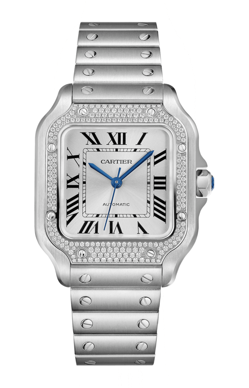 SANTOS DE CARTIER MODELLO MEDIO, AUTOMATICO, ACCIAIO, DIAMANTI, CINTURINO  IN PELLE INTERCAMBIABILE - W4SA0005